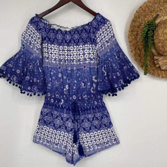 Anthropologie RAGA Off Shoulder‎ Boho Pompom Romper Blue XS - Picture 2 of 13